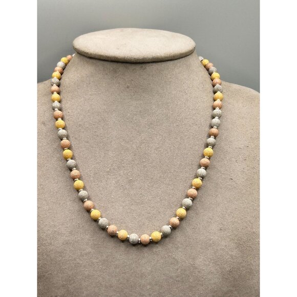 Tri Color Gold Over Sterling Silver Necklace Beaded Textured Silver 925 Classic - Picture 5 of 6
